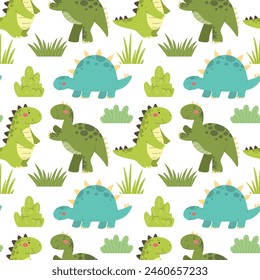 Patrón sin fisuras con dinosaurios. Lindos dinosaurios de dibujos animados, estampado infantil, Vector.