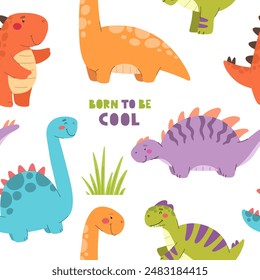 Seamless pattern with dinosaurs. Cute cartoon dinosaurs, children's print, vector.