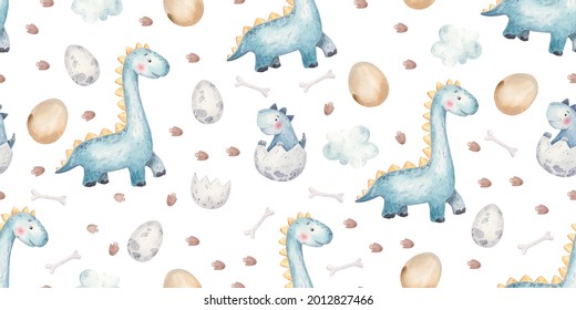 seamless pattern with dinosaurs, eggs, footprints, cute childish illustration