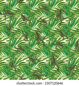 Seamless pattern Dinosaurs in a flat style Rex tyrannosaurus in a chaotic manner against the background of green leaves of a palm tree, a print on clothes and for any design of children's things