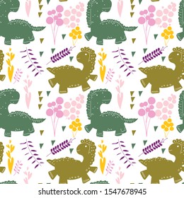 seamless pattern of dinosaurs and flowers on white background