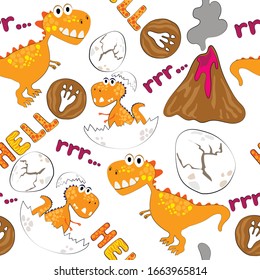 Seamless pattern of dinosaurs. Hand drawn vector illustration. Print design for children’s t-shirts, fabrics, sweatshirts. Dino-lettering. 
Tyrannosaurus, volcano, dinosaur egg. 