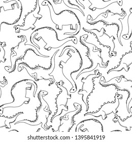 Seamless pattern with dinosaurs. Hand-drawn dinosaurs on white background. Vector illustration.