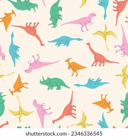 Seamless pattern dinosaurs illustration in colourful shapes minimalistic background pastel baby childlike