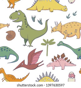 seamless pattern with dinosaurs - illustrations of dinosaurs in the style of cartoon - hand-drawn extinct reptiles
