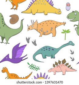 seamless pattern with dinosaurs - illustrations of dinosaurs in the style of cartoon - hand-drawn extinct reptiles