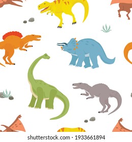 Seamless pattern with dinosaurs isolated on a white background. Vector illustration for printing on packaging paper, fabric, postcard, clothing. Cute children's background