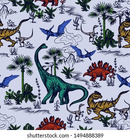 Seamless pattern with dinosaurs and landscape. Vector.