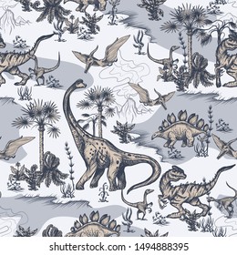 Seamless pattern with dinosaurs and landscape. Vector.