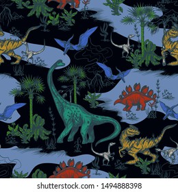 Seamless pattern with dinosaurs and landscape. Vector.