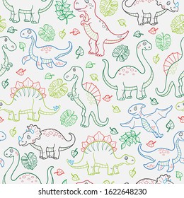 Seamless pattern with dinosaurs and leaves, contoured animals on white background