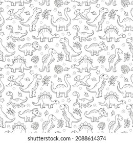 Seamless pattern with dinosaurs and leaves, contoured animals on white background