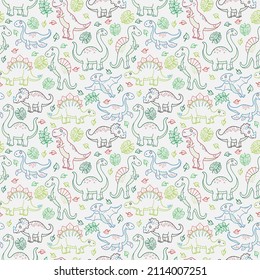 Seamless pattern with dinosaurs and leaves, contoured animals on white background