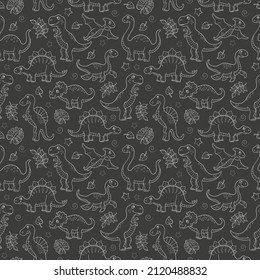 Seamless pattern with dinosaurs and leaves, light contoured animals on dark background