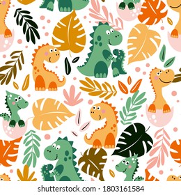 Seamless pattern with dinosaurs and leaves on a white background for kids.  Colorful dinosaurs vector background. Perfect for kids fabric, textile, nursery wallpaper.