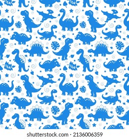Seamless pattern with dinosaurs and leaves, simple blue silhouettes icons on a white background 