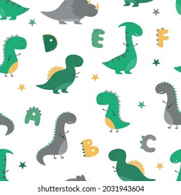 Seamless pattern with dinosaurs and letters. Cute green and gray dinosaurs in cartoon style. Vector illustration. Suitable for printing on fabric, wallpaper, wrapping paper.