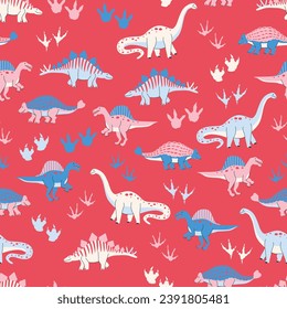 Seamless pattern dinosaurs nursery children wallpaper background cute drawing illustration bright vibrant pink