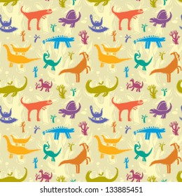 Seamless pattern with dinosaurs on a background of trees