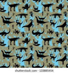 Seamless pattern with dinosaurs on a background of trees