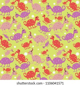 Seamless pattern of dinosaurs on a green background.