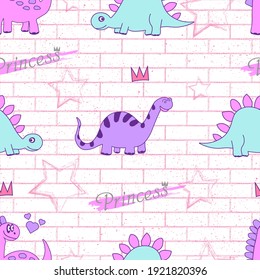 Seamless pattern with dinosaurs on pink bricks, stars and text princess. Wallpaper for girls