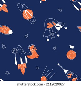 The seamless pattern of dinosaurs on a rocket consists of a line and a dot. Dino travels on a rocket through the galaxy. Children's clothing with a space dinosaur. flat vector illustration