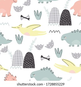 Seamless pattern with dinosaurs on a white background. Vector illustration for printing on a postcard, fabric, packaging paper. Cute children's background.