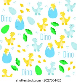 Seamless pattern dinosaurs on a white background. Tyrannozvor rex vector graphics. Bright, cute print for textiles, books. Jurassic period. Egg, dinosaur footprints. Products for children.