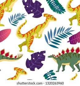 seamless pattern, dinosaurs, palm leaves, vector