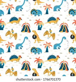 Seamless pattern of dinosaurs, palm tree, volcano. Colorful seamless texture for kids. Swatch of cartoon background. Stock vector illustration on white background.