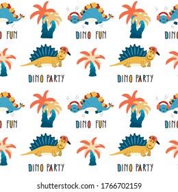 Seamless pattern of dinosaurs, palm tree. Dino party. Colorful seamless texture for kids. Swatch of cartoon background. Stock vector illustration on white background.