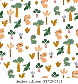 Seamless pattern with dinosaurs and palm trees on a white background. Hand drawn children's pattern for fashion clothes, shirt, fabric. Baby Dinosaur vector illustration.