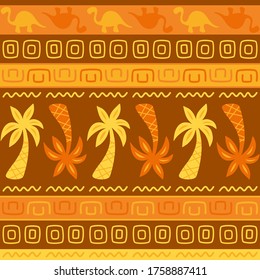 Seamless pattern with dinosaurs and palms. Vector illustration for textile and fabric.