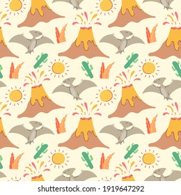 Seamless pattern with dinosaurs, palms and volcanoes. Perfect for kids fabric, textile, nursery wallpaper.