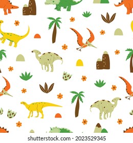 Seamless pattern Dinosaurs parasaurolophus and gallimimus, pterosaur and triceratops, stegosaurus and hadrosaurus. Omnivorous animal, extinct ancient reptile, Jurassic. Colorful vector illustration