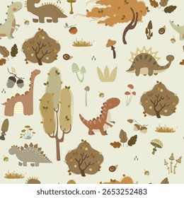 Padrão contínuo com dinossauros, plantas, arbustos, árvores, cogumelos e bolotas. Ilustração vetorial com animais e desenhos animados natureza, padrão de queda.