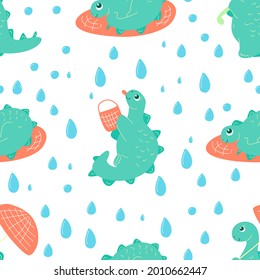 Seamless pattern with dinosaurs in the rain. With an umbrella and water drops and a bucket.