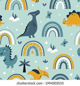 Seamless pattern with dinosaurs and rainbows on green background. Summer childish concept. Vector illustration design for fashion fabrics, textile graphics, prints.