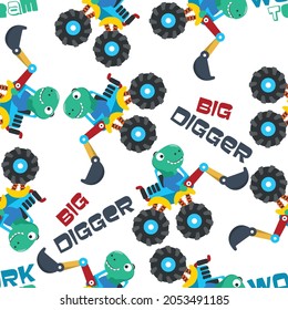 Seamless pattern of dinosaurs riding contruction vehicle with cartoon style. Creative vector childish background for fabric textile, baby clothes, wrapping paper and other decoration