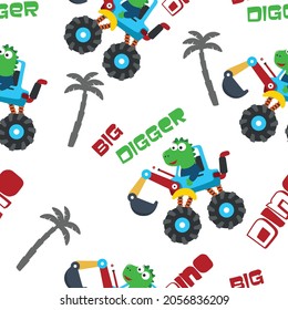 Seamless pattern of dinosaurs riding contruction vehicle with cartoon style. Creative vector childish background for fabric textile, baby clothes, wrapping paper and other decoration