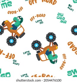 Patrón incomparable de dinosaurios montados en camiones monstruo con estilo de dibujos animados. Fondo infantil vectorial creativo para tela textil, fondo de vivero, ropa de bebé, papel envolvente y otra decoración