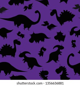 Seamless pattern dinosaurs shadow. Animal purple background with black dino. Vector illustration.