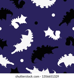 Seamless pattern dinosaurs shadow. Animal blue background with black and white dino. Vector illustration.