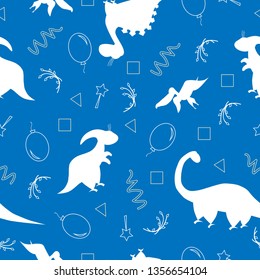 Seamless pattern dinosaurs shadow. Animal blue background with white dino. Vector illustration.