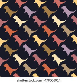 Seamless pattern with dinosaurs silhouette. Vector illustration. Cute colorful background. Funny wallpaper