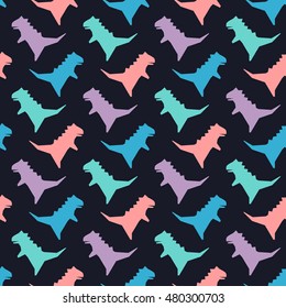 Seamless pattern with dinosaurs silhouette. Vector illustration. Cute colorful background. Funny wallpaper