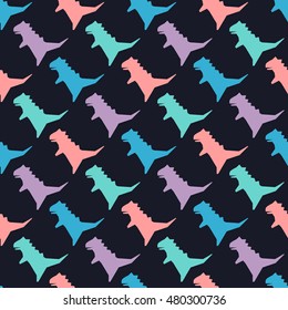 Seamless pattern with dinosaurs silhouette. Vector illustration. Cute colorful background. Funny wallpaper