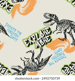 Seamless pattern of a dinosaurs skeleton and graffiti  background elements.