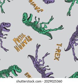 Seamless pattern of a dinosaurs skeleton and typography background elements.